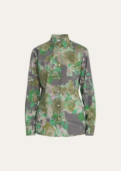 Shop Dries Van Noten Clavelly Painted Floral Cotton Button-front Shirt In Grey