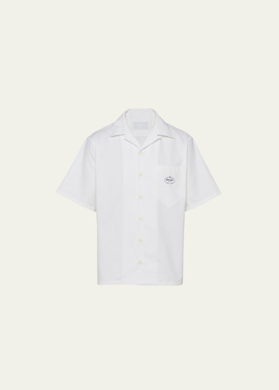 Shop Prada Men's Oxford Sea Island Cotton Bowling Shirt In Bianco