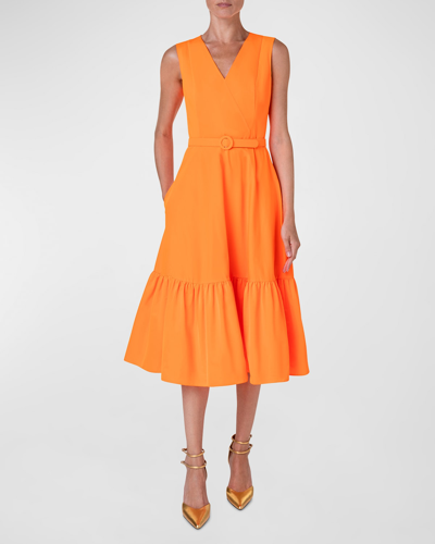 Shop Akris Punto Belted Taffeta Midi Dress In Neon Orange