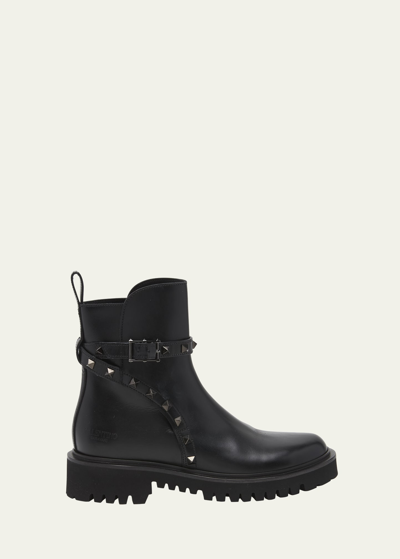 Shop Valentino Leather Chelsea Boots With Rockstud Wrap In 0no Nero
