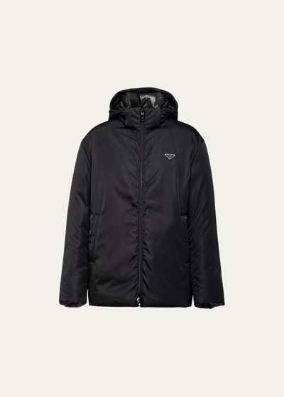 Shop Prada Men's Padded Re-nylon Hooded Jacket In Nero