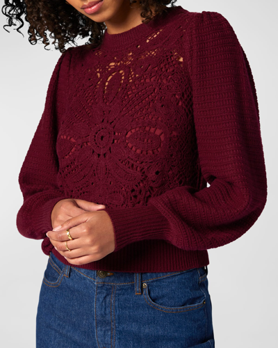 Shop Joie Damira Blouson-sleeve Floral Crochet Sweater In Oxblood Red
