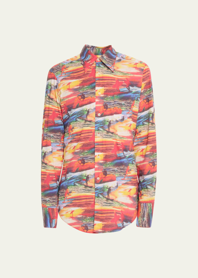 Shop Erl Men's Poplin Sunset-print Button-down Shirt In 1 -  Red Sunse