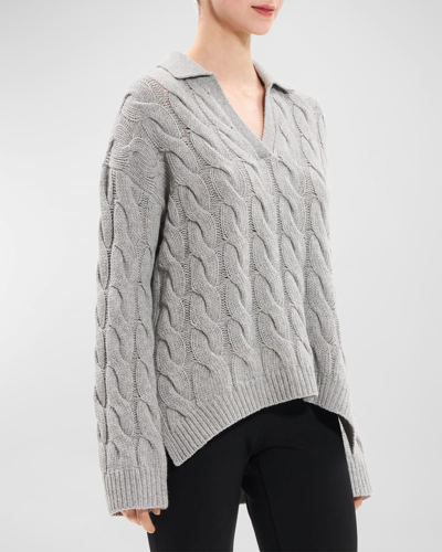 Shop Theory Karenia Wool-cashmere Collared Cable-knit Sweater In Light Heather Gre