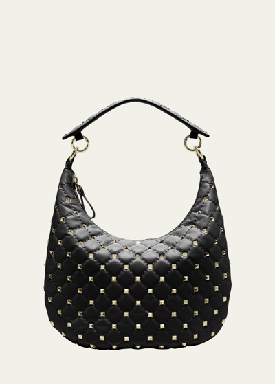 Shop Valentino Small Rockstud Spike Leather Hobo Bag In 0no Nero