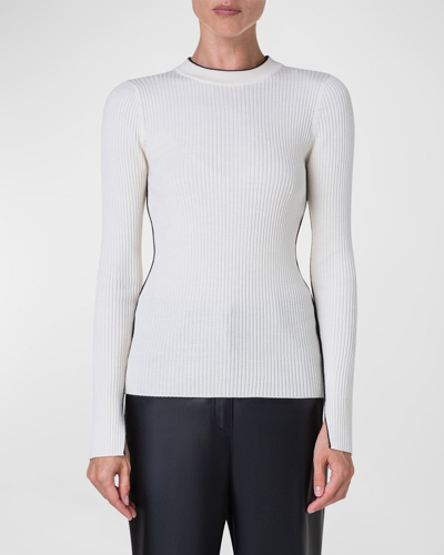 Shop Akris Punto Contrast-piping Slit-cuff Rib Knit Sweater In Cream-black
