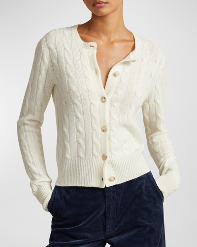 Shop Polo Ralph Lauren Cable-knit Cashmere Crewneck Cardigan In Cream