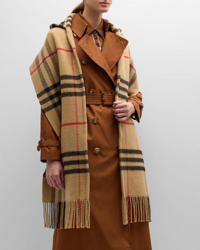 Shop Burberry Hooded Check Cashmere Scarf In Archive Beige