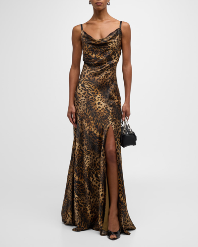 Shop L Agence Venice Leopard-print Cowl-neck Lace Gown In Brown Multi Oil L