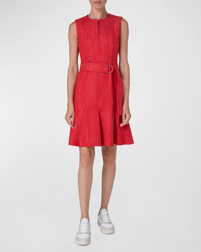 Shop Akris Punto Cotton Denim Belted Short Dress In Red