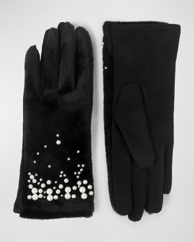 Shop Pia Rossini Juliette Pearlescent Embellished Faux Fur Gloves In Bla001 Black