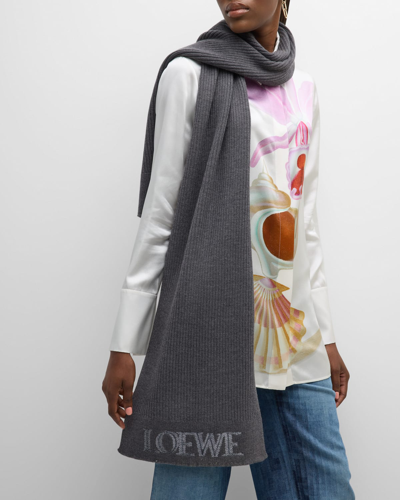 Shop Loewe Blurred Logo Ribbed Wool Scarf In 1220 Dark Grey