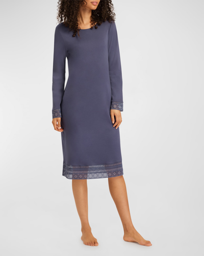 Shop Hanro Jona Lace-trim Cotton Nightgown In 2602 - Nightshade