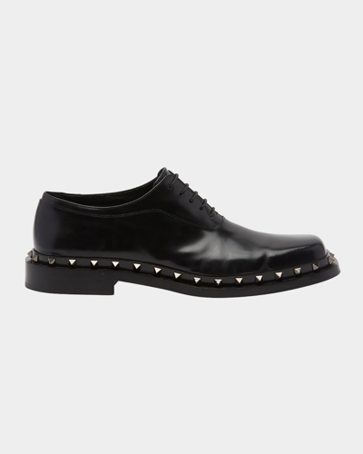 Shop Valentino Men's Rockstud Leather Derby Shoes In Black