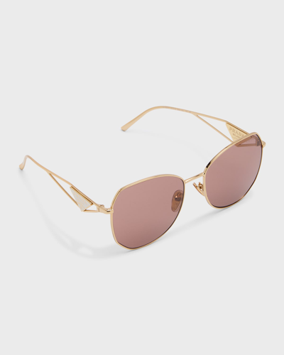Shop Prada Triangle Logo Metal Round Sunglasses In Gold