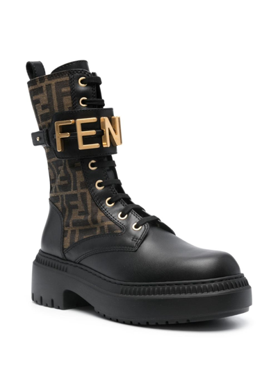Shop Fendi Graphy Leather Biker Boots In Black