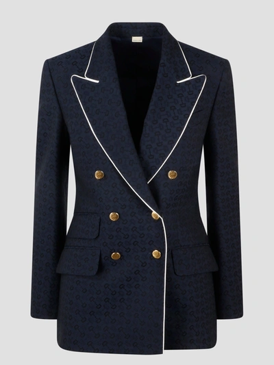Shop Gucci Horsebit Cotton Jacquard Jacket In Blue
