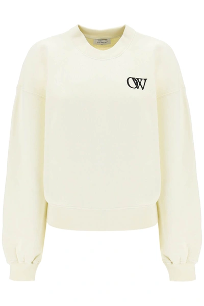 Shop Off-white Crew-neck Sweatshirt With Flocked Logo In Beige/bianco