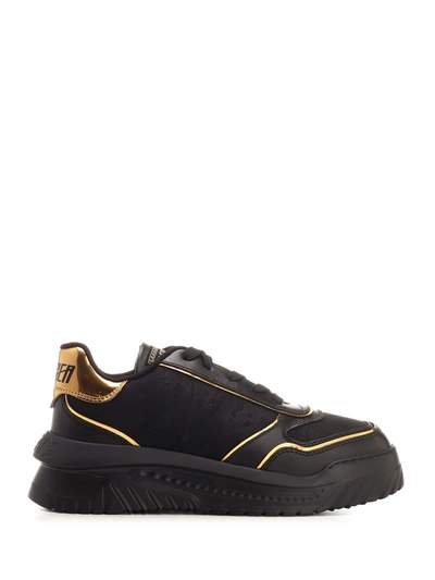 Shop Versace Odissea Chunky Leather Sneakers In Black+gold