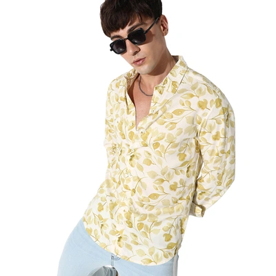 Shop Campus Sutra Artistic Foliage Print Shirt In Yellow