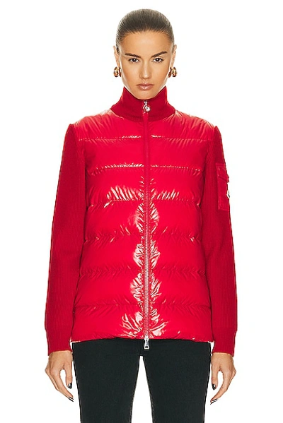 Shop Moncler Zip Up Cardigan In Red