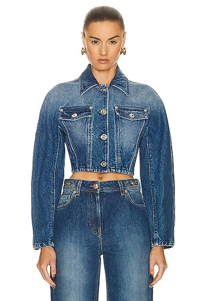 Shop Versace Cropped Denim Jacket In Medium Blue