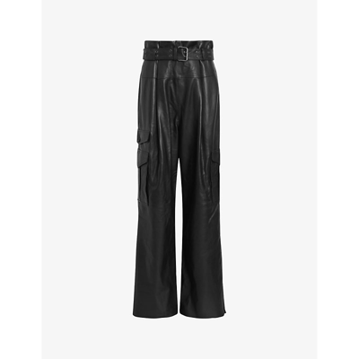 Shop Allsaints Womens Black Harlyn High-rise Wide-leg Leather Trousers