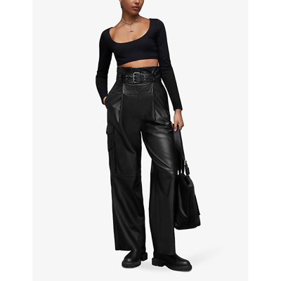 Shop Allsaints Womens Black Harlyn High-rise Wide-leg Leather Trousers