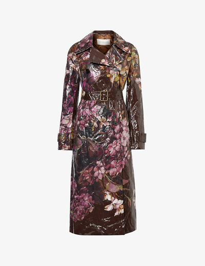 Shop Dries Van Noten Floral-pattern Belted Cotton Coat In Dark Brown