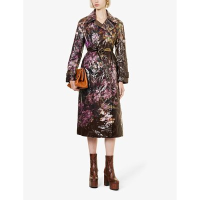 Shop Dries Van Noten Floral-pattern Belted Cotton Coat In Dark Brown