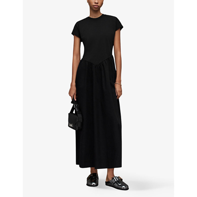 Shop Allsaints Women's Black Frankie Round-neck Organic-cotton Midi Dress