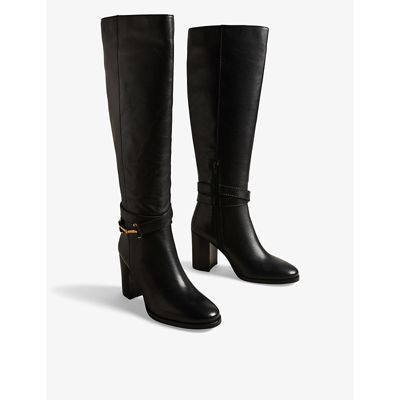 Shop Ted Baker Womens Black Aryna Hardware-embellished Leather Heeled Knee-high Boots