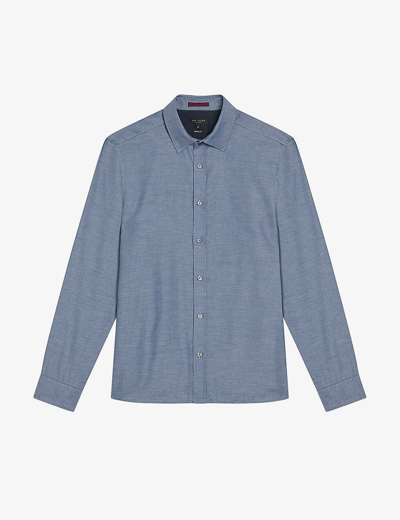 Shop Ted Baker Men's Lt-blue Crotone Herringbone-pattern Regular-fit Cotton Shirt