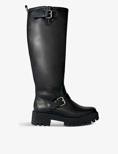 Shop Maje Womens Noir / Gris Fazerys Buckle-embellished Leather Knee-high Boots
