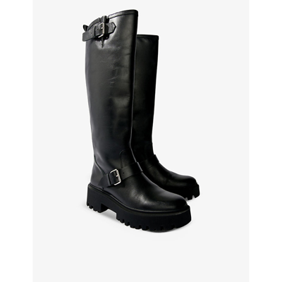 Shop Maje Womens Noir / Gris Fazerys Buckle-embellished Leather Knee-high Boots