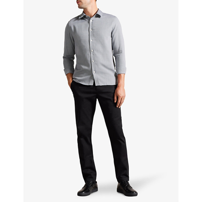 Shop Ted Baker Men's Lt-grey Crotone Herringbone-pattern Regular-fit Cotton Shirt