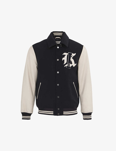 Shop Ikks Mens Dark Navy Logo-embroidered Collared Wool-blend Jacket