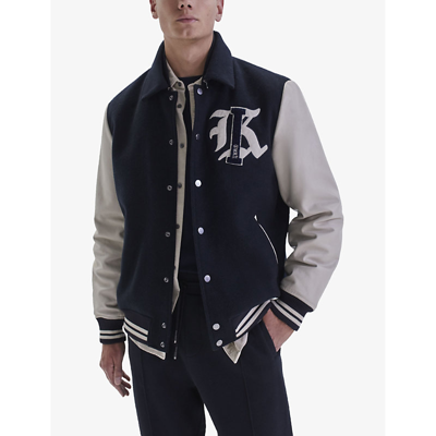 Shop Ikks Mens Dark Navy Logo-embroidered Collared Wool-blend Jacket