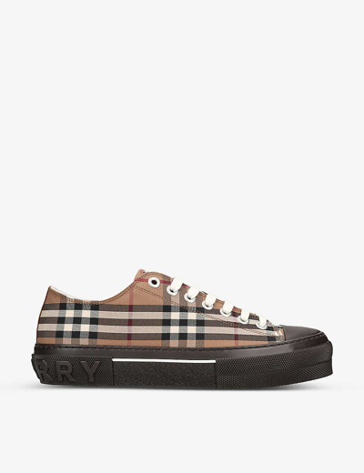 Shop Burberry Men's Brown/oth Jack Check-patterned Cotton-leather Low-top Trainers