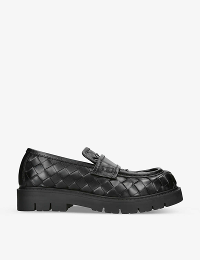 Shop Bottega Veneta Men's Black Intrecciato Chunky Leather Loafers