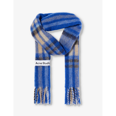 Shop Acne Studios Womens Electric Blue/beige Vally Checked Wool-blend Scarf