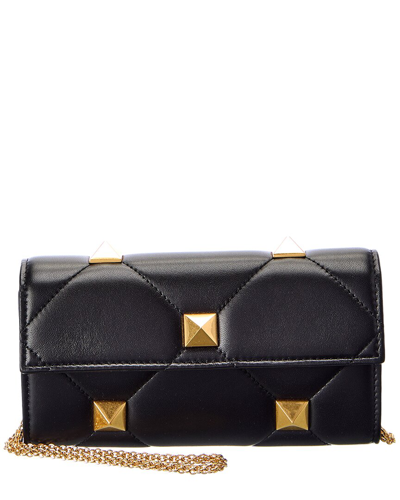 Shop Valentino Roman Stud Leather Wallet On Chain In Black