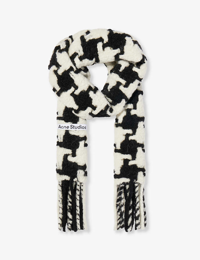 Shop Acne Studios Women's White/black Vadik Pied De Poule Fringed-trim Wool-blend Scarf