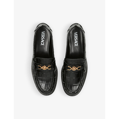 Shop Versace Medusa Croc-embossed Leather Loafers In Black