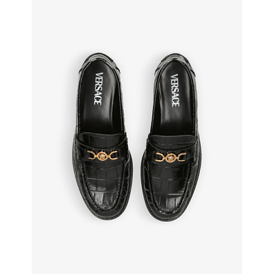 Versace Womens Black Medusa Croc-embossed Leather Loafers In Black