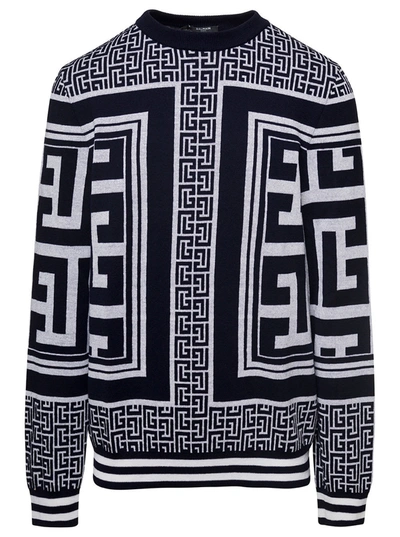 Shop Balmain Maxi Monogram Scarf Sweater In Blue/white