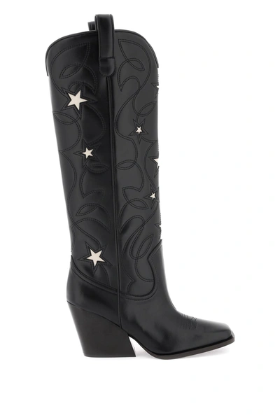 Shop Stella Mccartney Texan Boots With Star Embroidery In Black/stone