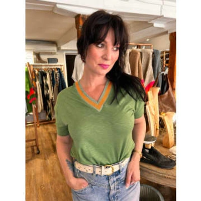 Shop Ange Green Tee With Contrasting Stripe V-neck