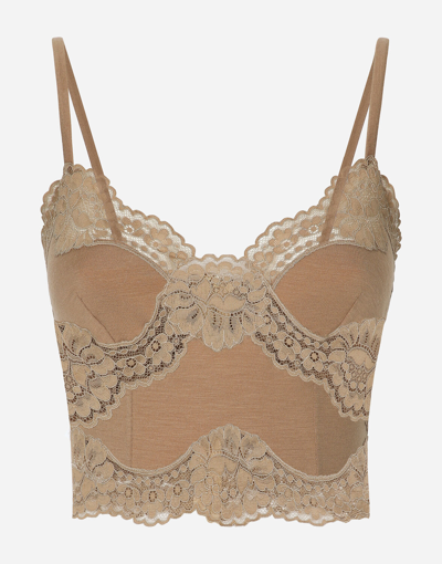 Shop Dolce & Gabbana Wool Jersey Lingerie Crop Top With Lace Inlays In Beige