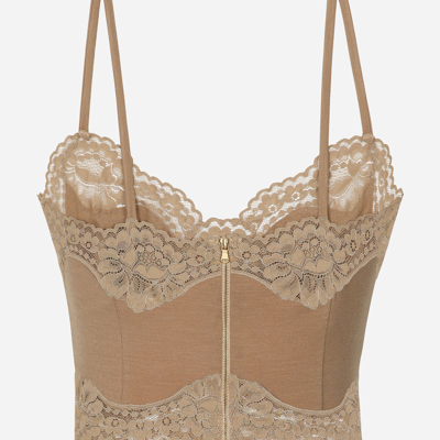Shop Dolce & Gabbana Wool Jersey Lingerie Crop Top With Lace Inlays In Beige